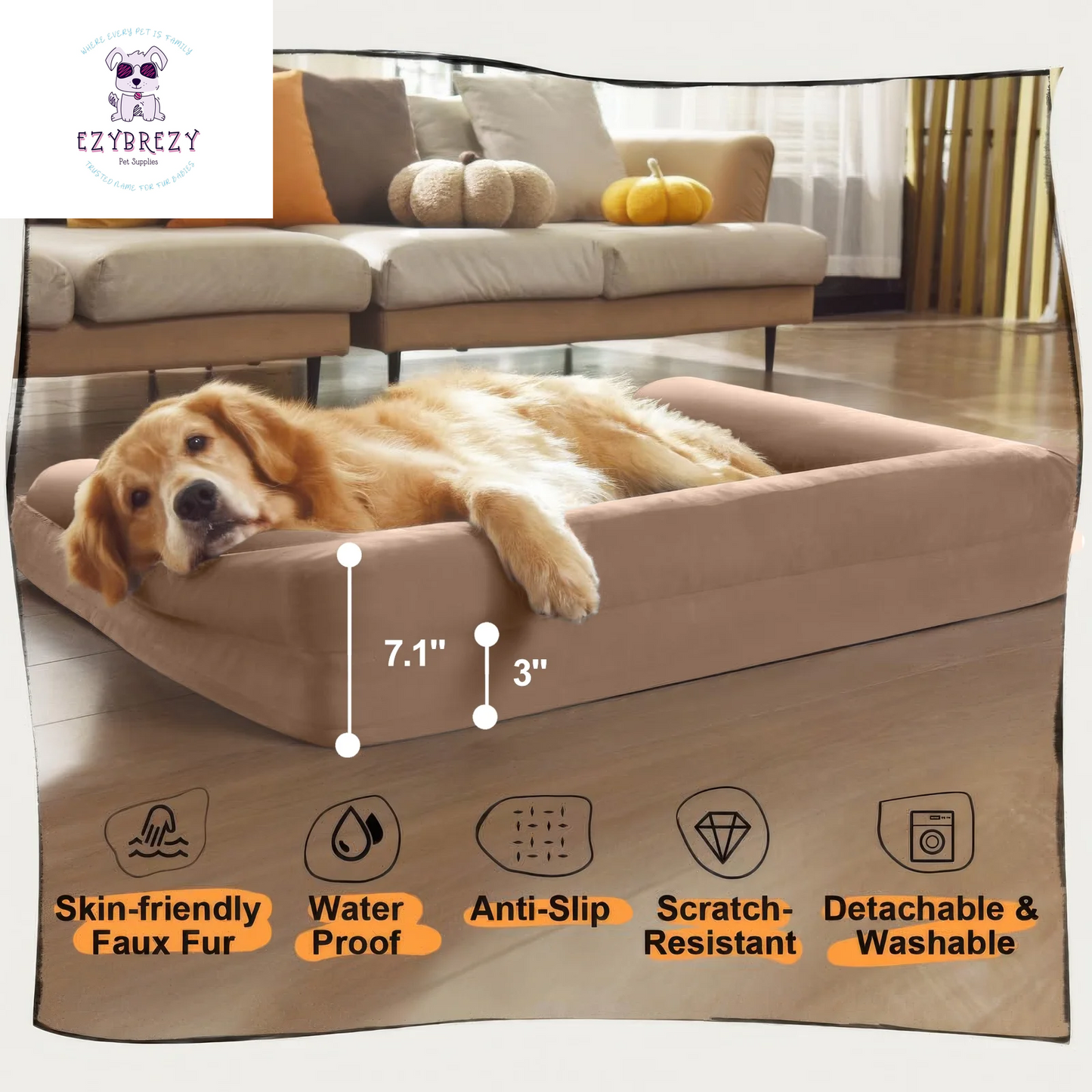 Luxurious Waterproof Orthopedic Dog Bed for Large Breeds - Non-Slip Base & Easy-Clean Washable Cover with Egg-Crate Foam Comfort