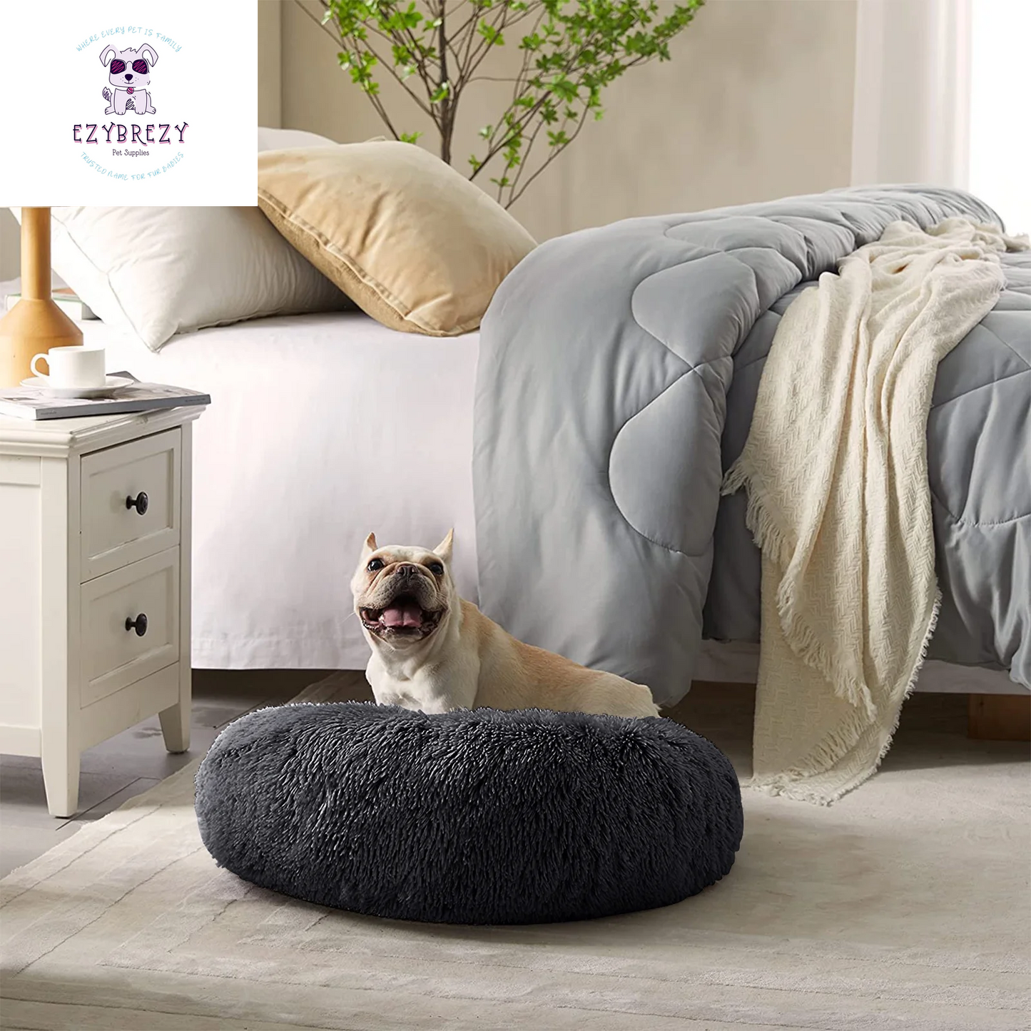 Ultimate Cozy Calming Donut Dog Bed - Anti-Anxiety Self-Warming Plush Round Pet Bed for Home & Travel - 30" x 30" x 8