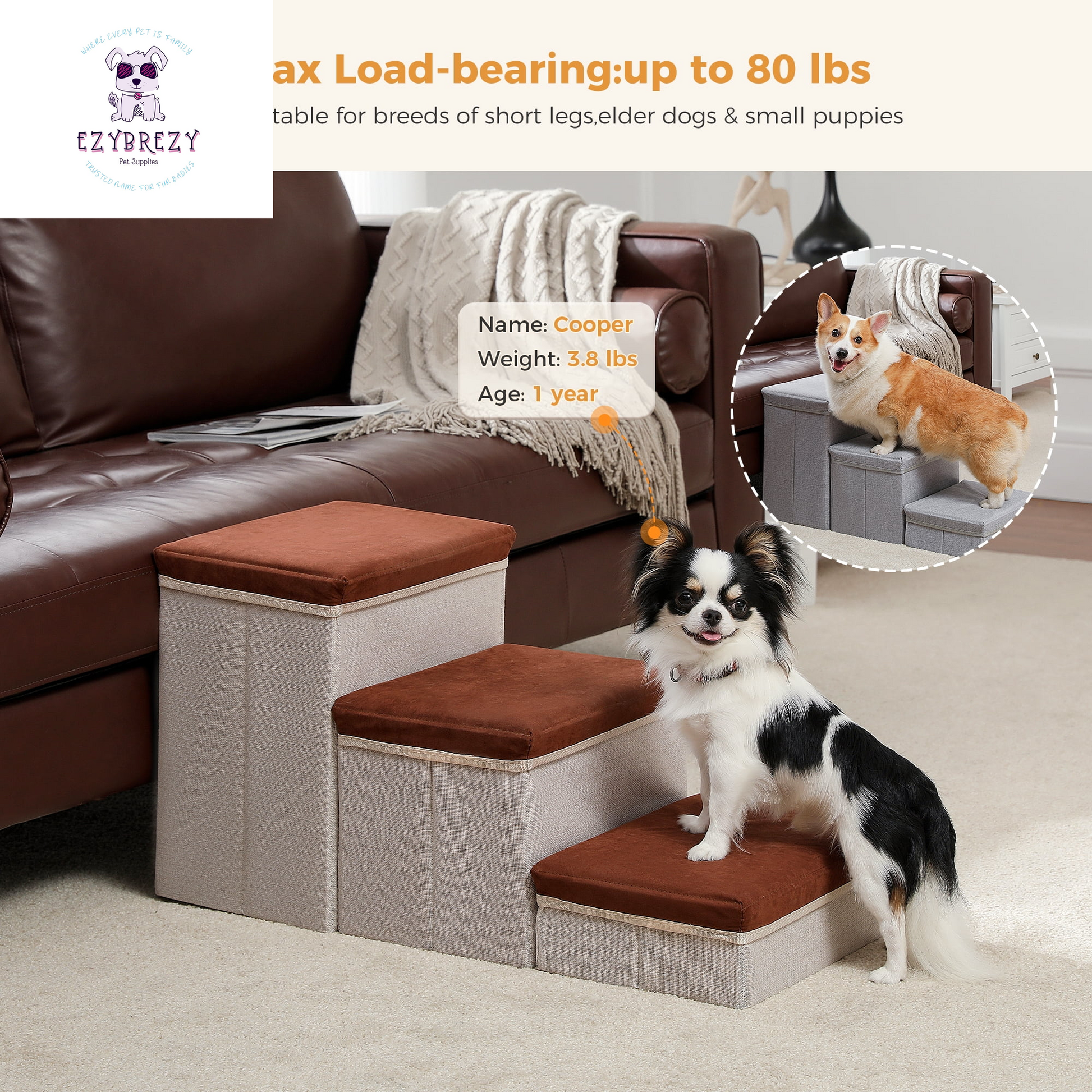 Brown Folding 3-Step Pet Stairs with Storage - Perfect Dog Ramp for High Beds & Couches