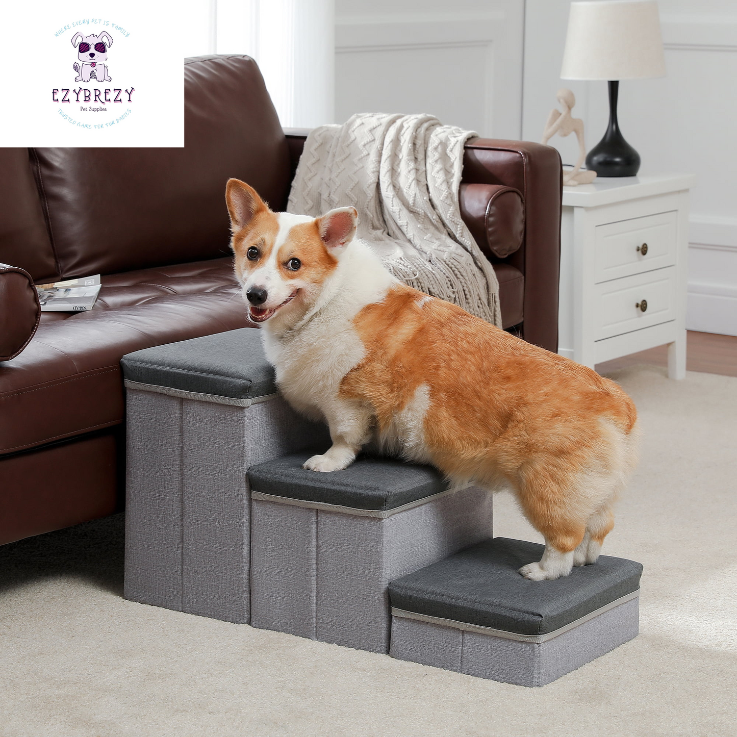 Stylish Dark Gray 3-Step Folding Pet Stairs with Convenient Storage for Small to Medium Dogs