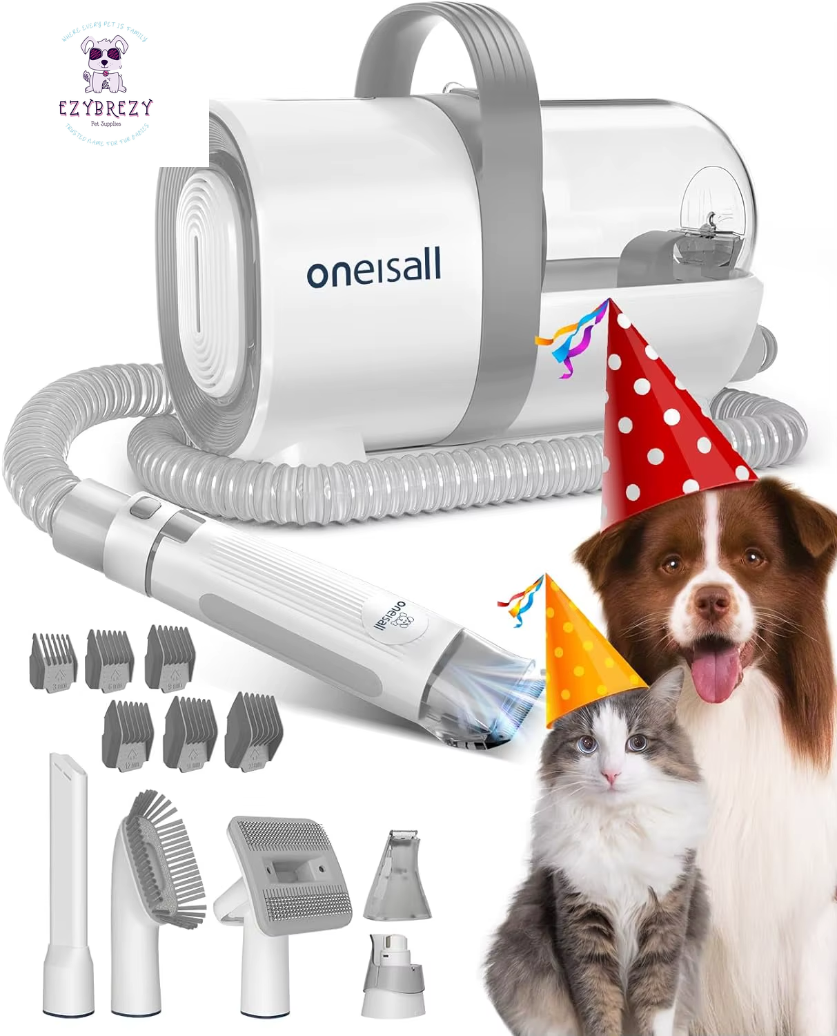 Oneisall Ultimate Dog Grooming Vacuum Kit – Pet Hair Vacuum with Clipper & Nail Grinder, 1.5L Dust Cup for Effortless Grooming