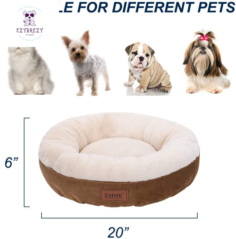 Cozy Donut Cat Bed & Small Dog Bed - 20" Non-Slip Cuddler Cushion for Kittens and Puppies, Machine Washable (Brown)