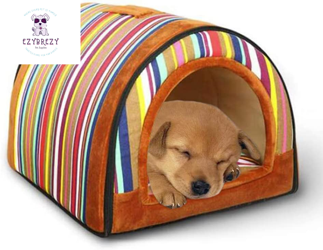 Cozy 2-in-1 Portable Plush Dog Bed & Cat Igloo House with Removable Cushion and Anti-Slip Bottom - Stylish Stripe Design!