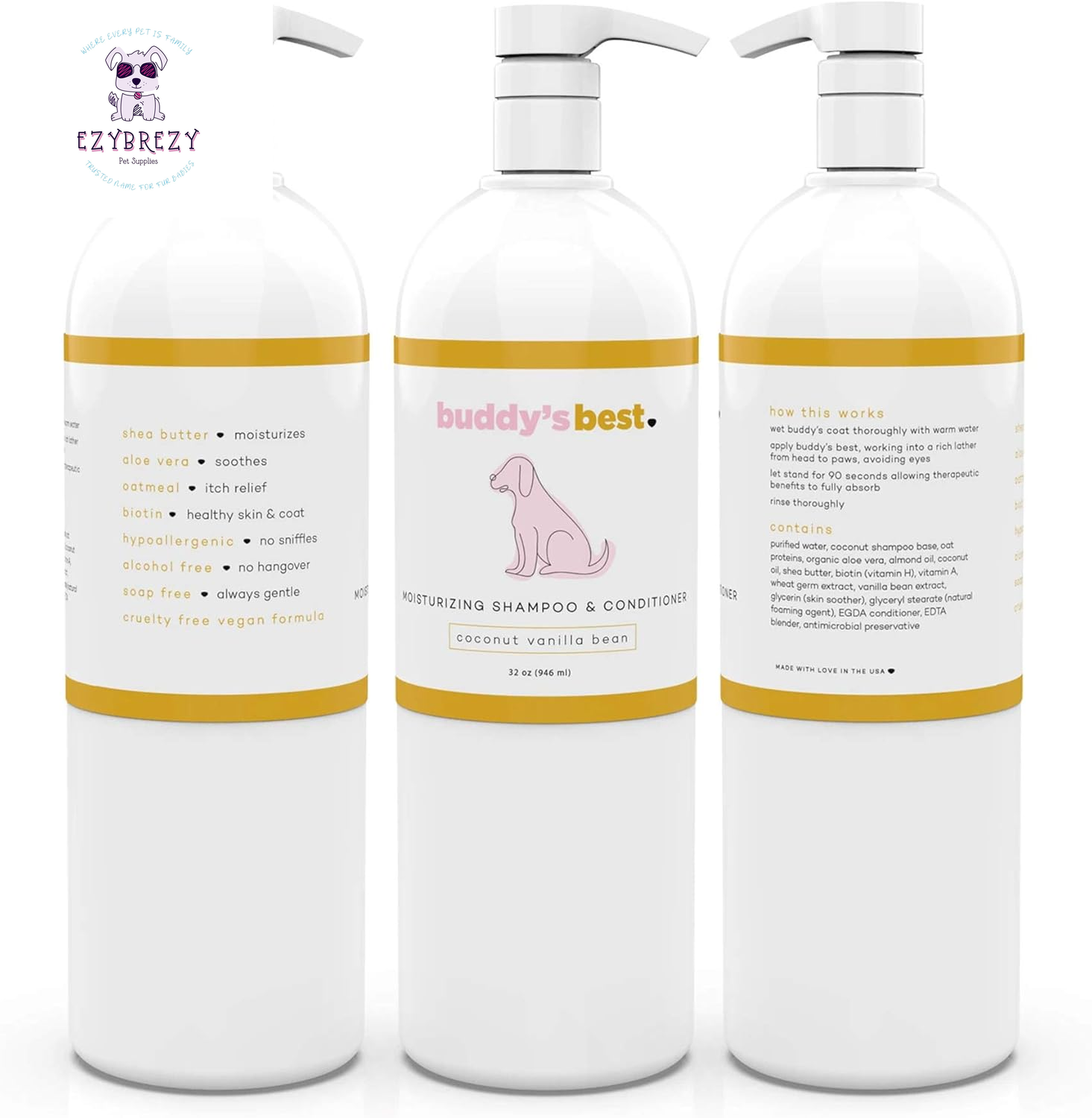 Moisturizing Coconut Vanilla Oatmeal Dog Shampoo & Conditioner - 32oz for Dry, Sensitive Skin & Odor Control