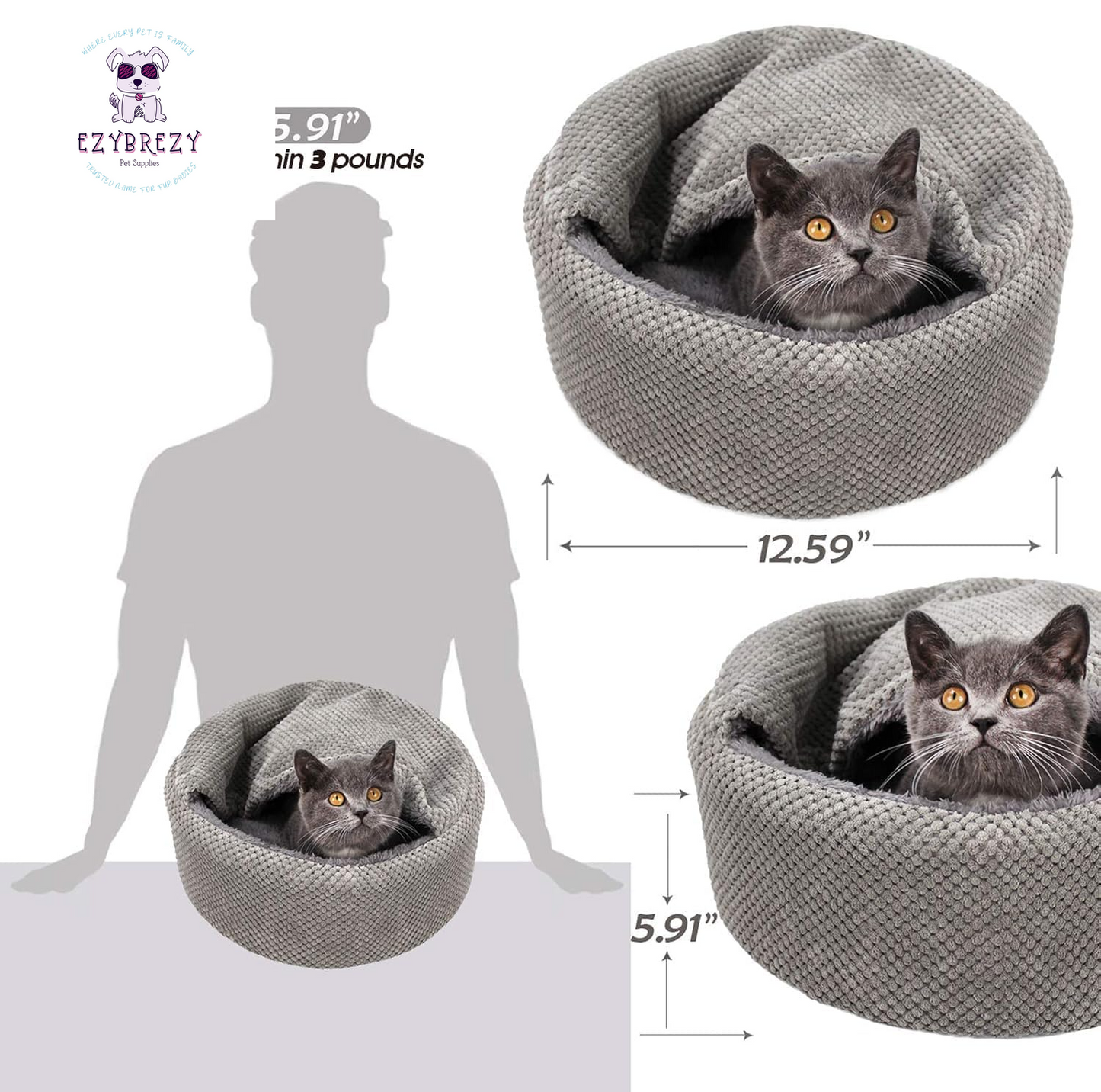 Cozy & Washable Round Cat Bed - Soft, Warm, Anti-Slip with Removable Cushion for Indoor Cats (Gray, 12.59" x 12.59" x 5.91")